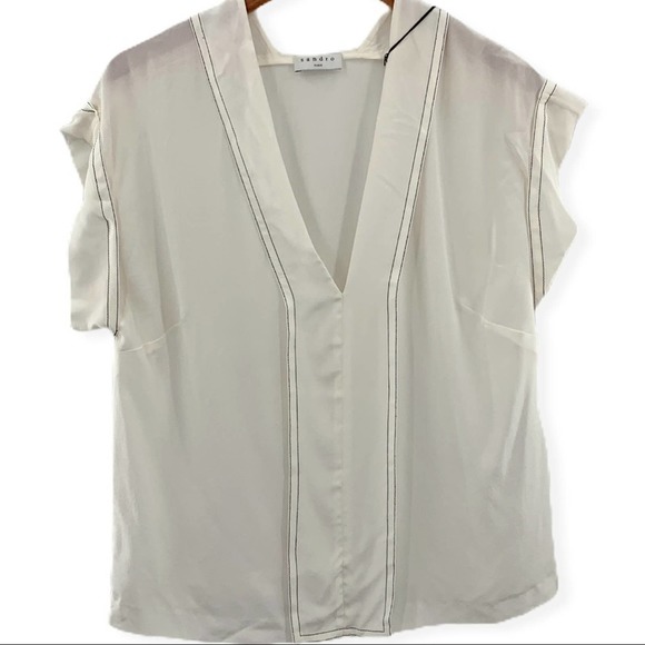 Sandro white silk blouse contrast trim large - Picture 1 of 6